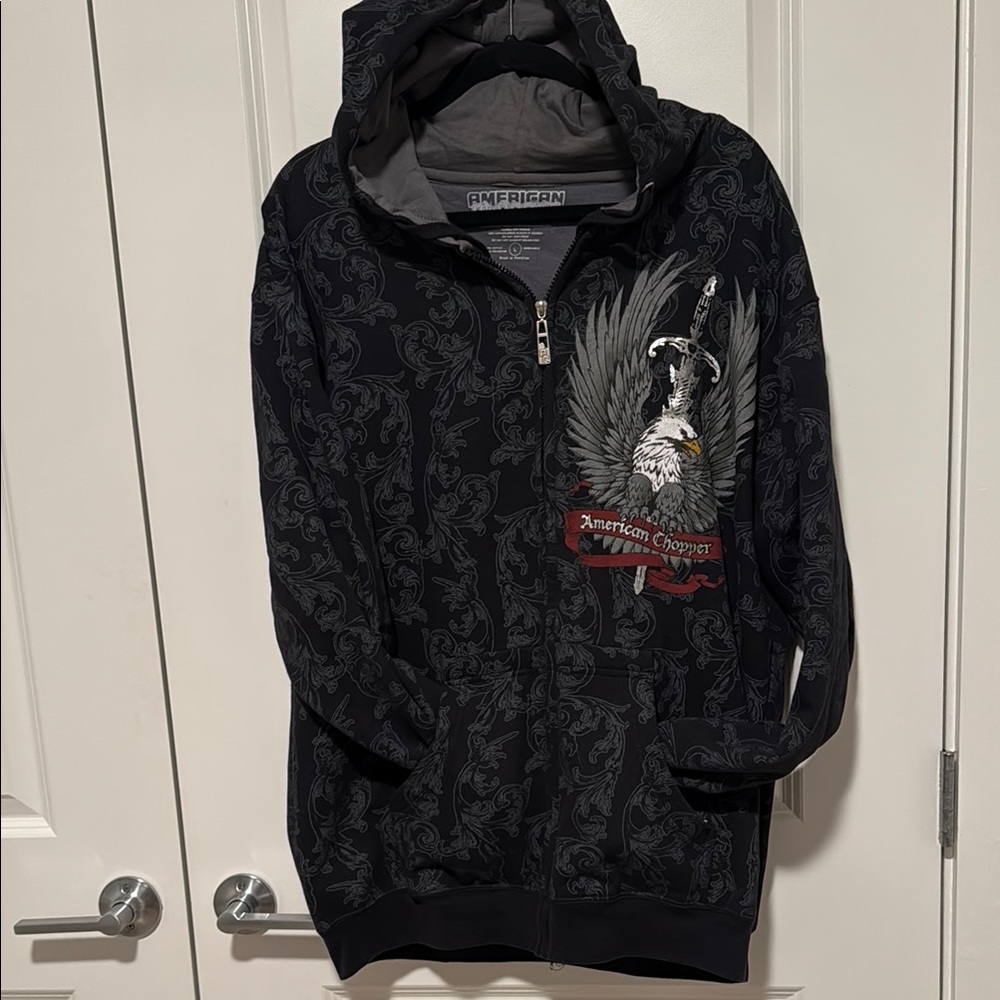 Vintage American Chopper Black and Gray Eagle Zip Up Hoodie